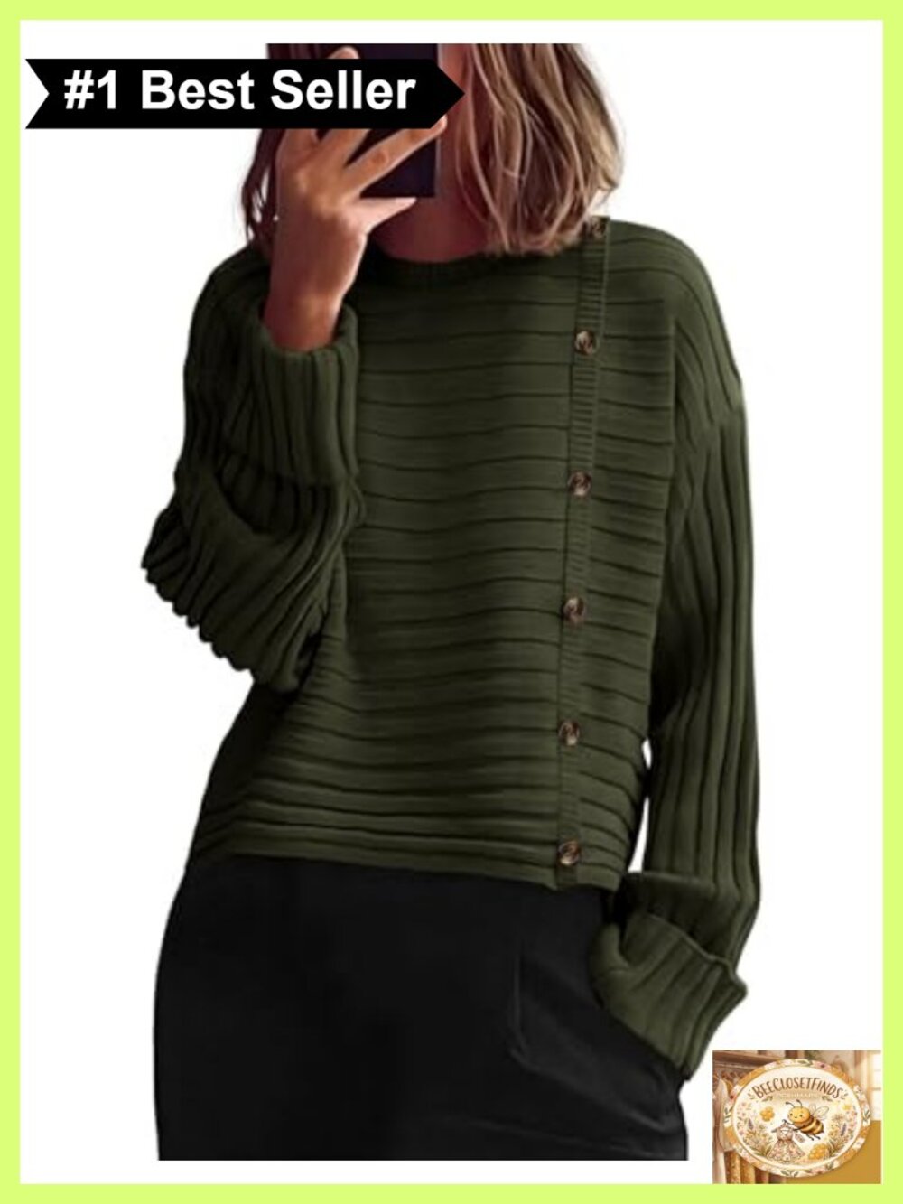 Asymmetric Button Long Sleeve Knit Pullover Sweater Crewneck Loose Fit